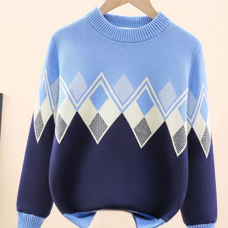 Børnetrøje Langærmet Rundhals Argyle Mønster Strikket Pullover Til Drenge Piger Børnetøj