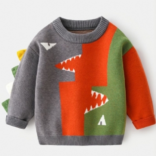 Drenge Dinosaur Sweater Rundhals Langærmet Splejsning Strikket Pullover Børnetøj