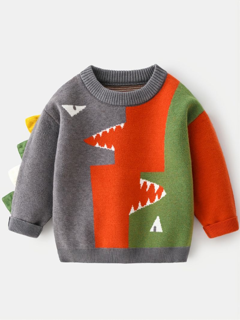 Drenge Dinosaur Sweater Rundhals Langærmet Splejsning Strikket Pullover Børnetøj