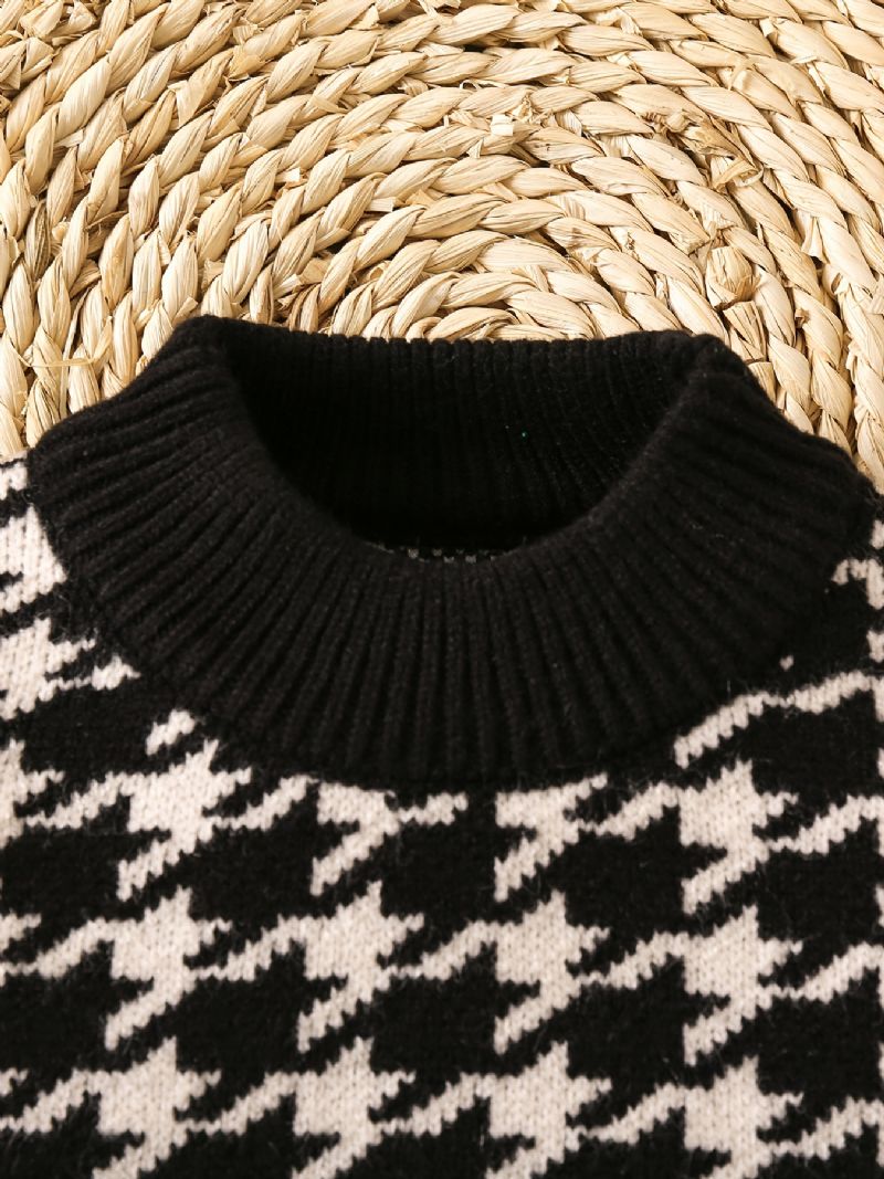 Drenge Houndstooth Sweater Brev Rundhalset Strikket Casual Pullover