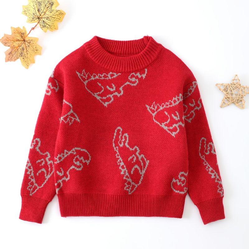 Drenge Sød Dinosaur Print Strikket Sweater Langærmet Termooverdele Med Rund Hals Til Vinter Julefest Rød