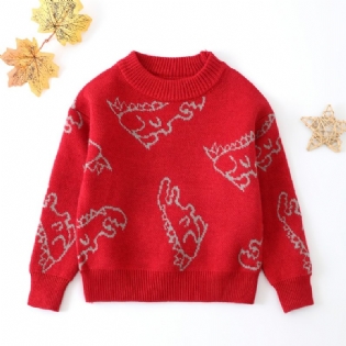 Drenge Sød Dinosaur Print Strikket Sweater Langærmet Termooverdele Med Rund Hals Til Vinter Julefest Rød