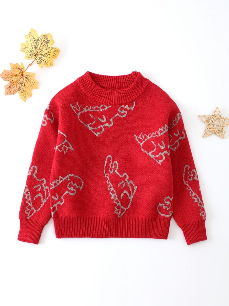 Drenge Sød Dinosaur Print Strikket Sweater Langærmet Termooverdele Med Rund Hals Til Vinter Julefest Rød