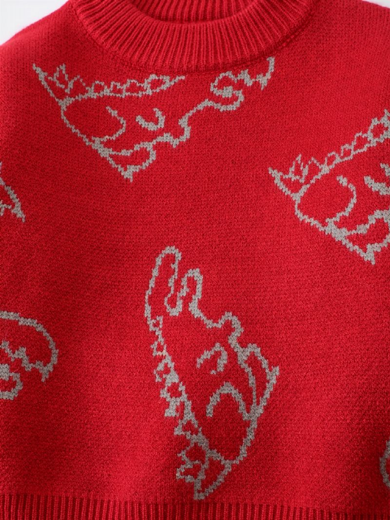 Drenge Sød Dinosaur Print Strikket Sweater Langærmet Termooverdele Med Rund Hals Til Vinter Julefest Rød