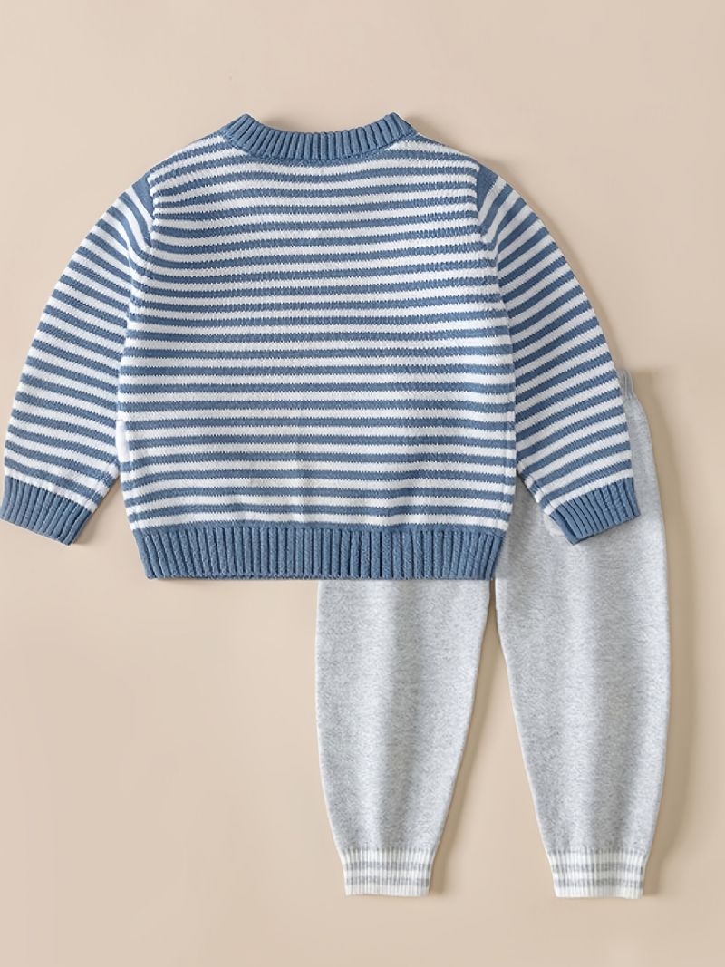 Drenge Strikket Stribet Tegneserie Patch Sweater + Bukser Sæt Babytøj