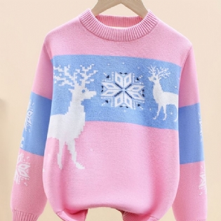 Pige Juletøj Sweater Dobbelt Hjorte Print Rundhals Langærmet Strikket Pullover Børnetøj