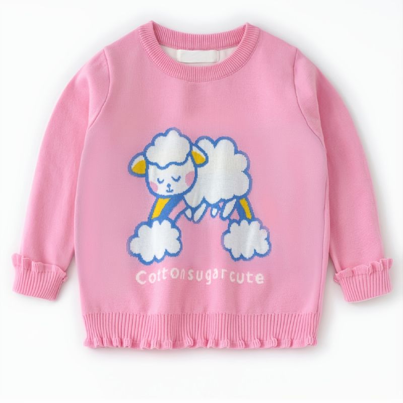 Pige Sweater Pink Rainbow Sheep Patten Rund Hals Strikket Pullover