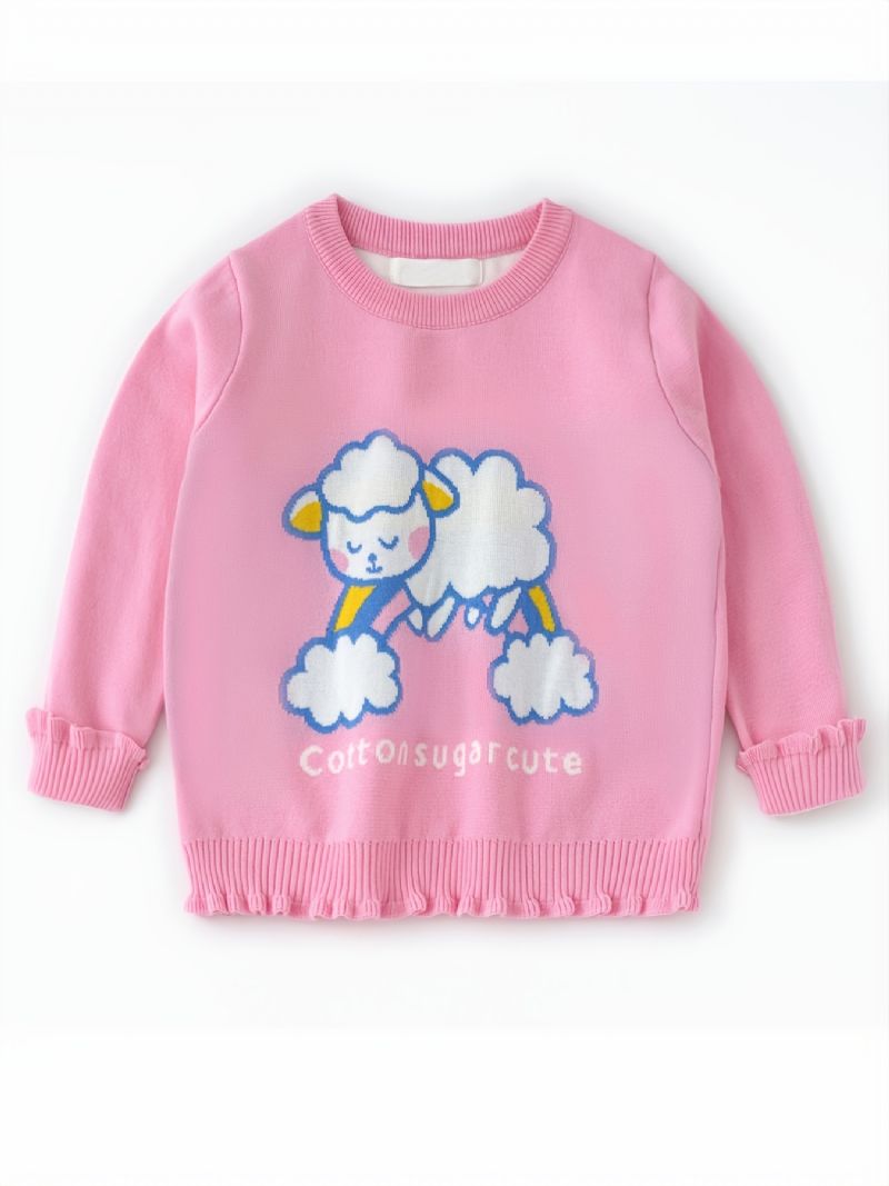 Pige Sweater Pink Rainbow Sheep Patten Rund Hals Strikket Pullover