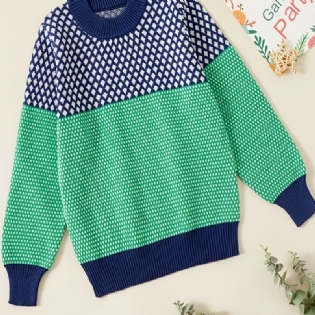 Piger Casual Strikket Farvebloktrøje Med Geometrisk Print Blød Behagelig Fortykket Løs Pullover Sweater Til Vinter