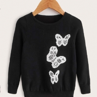 Piger Casual Strikket Rund Hals Sweater Med Sommerfugle Print Til Vinter Sort