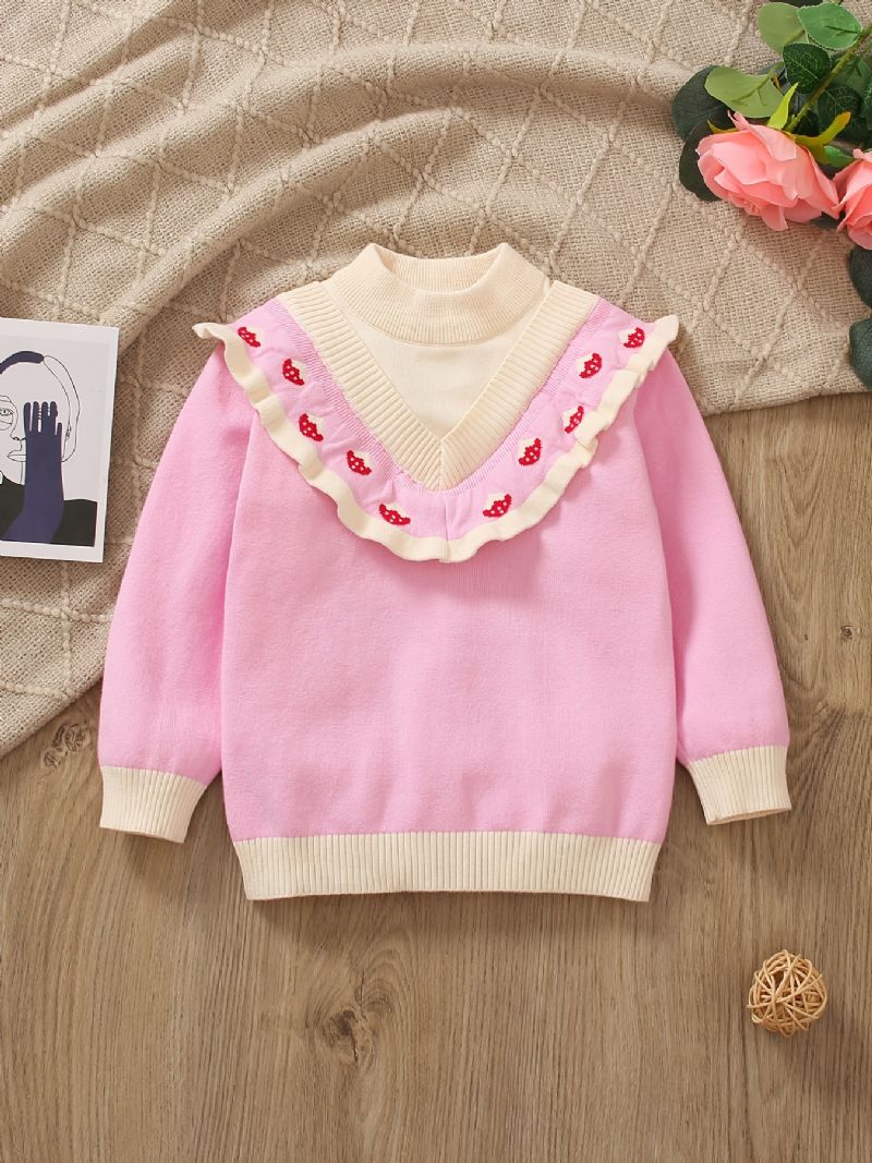 Piger Flæse Design Farveblok Strawberry Strikket Pullover Sweater Børnetøj Til Vinter