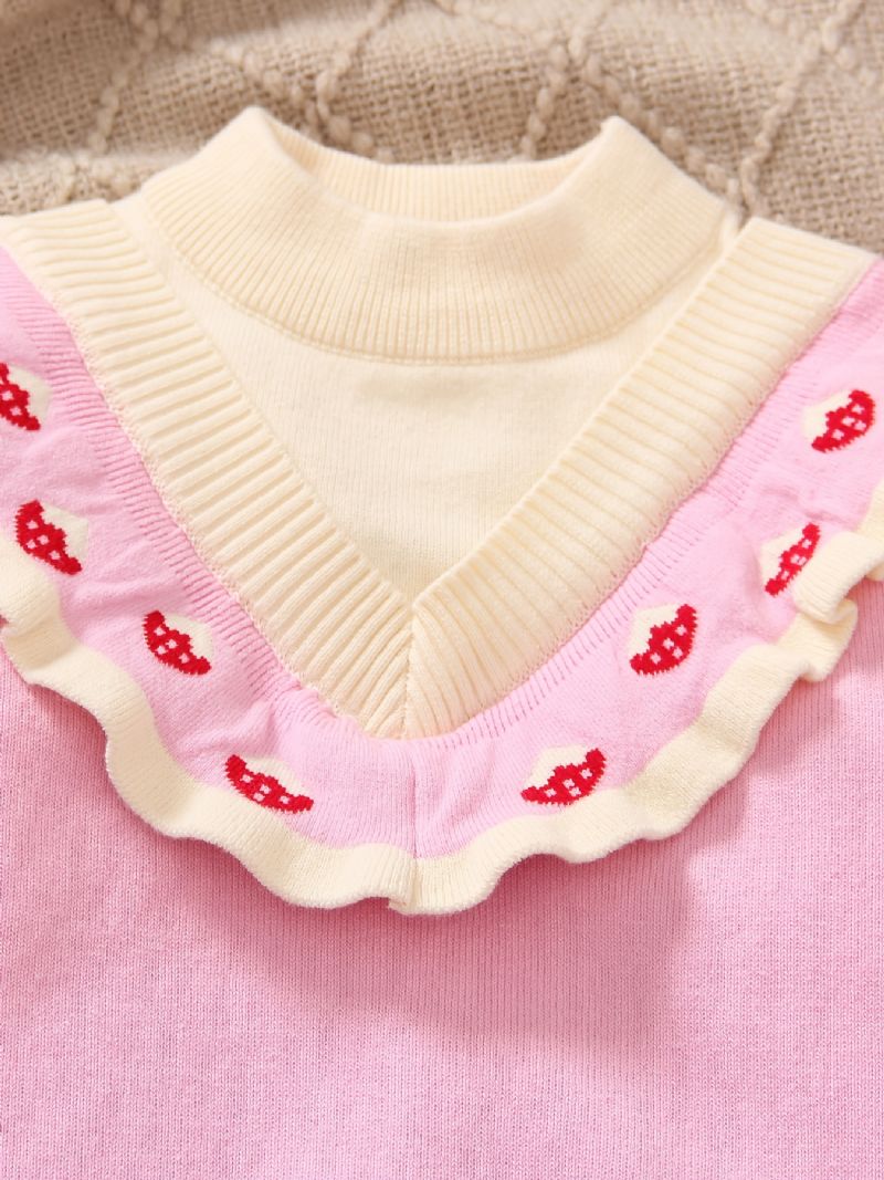 Piger Flæse Design Farveblok Strawberry Strikket Pullover Sweater Børnetøj Til Vinter