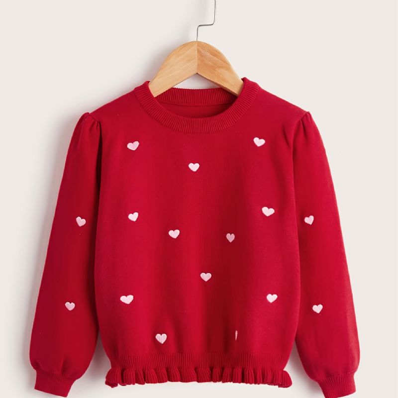 Piger Strikket Pullover Sweater Med Hjerte Print Til Jul Efterår Vinter Ny