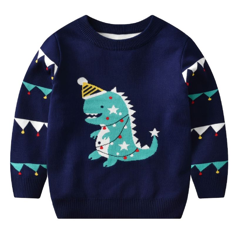 Småbørn Baby Drenge Piger Jule Tegneserie Dinosaur Print Rund Hals Strikket Sweater