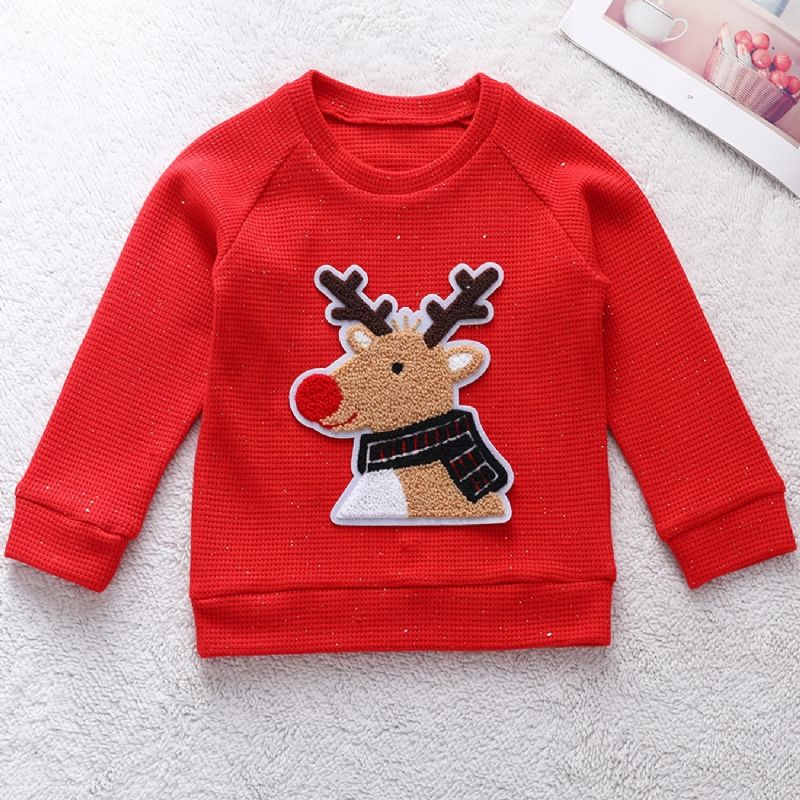 Småbørn Drenge Piger Christmas Elk Broderet Sweater Rund Hals Strikket Pullover