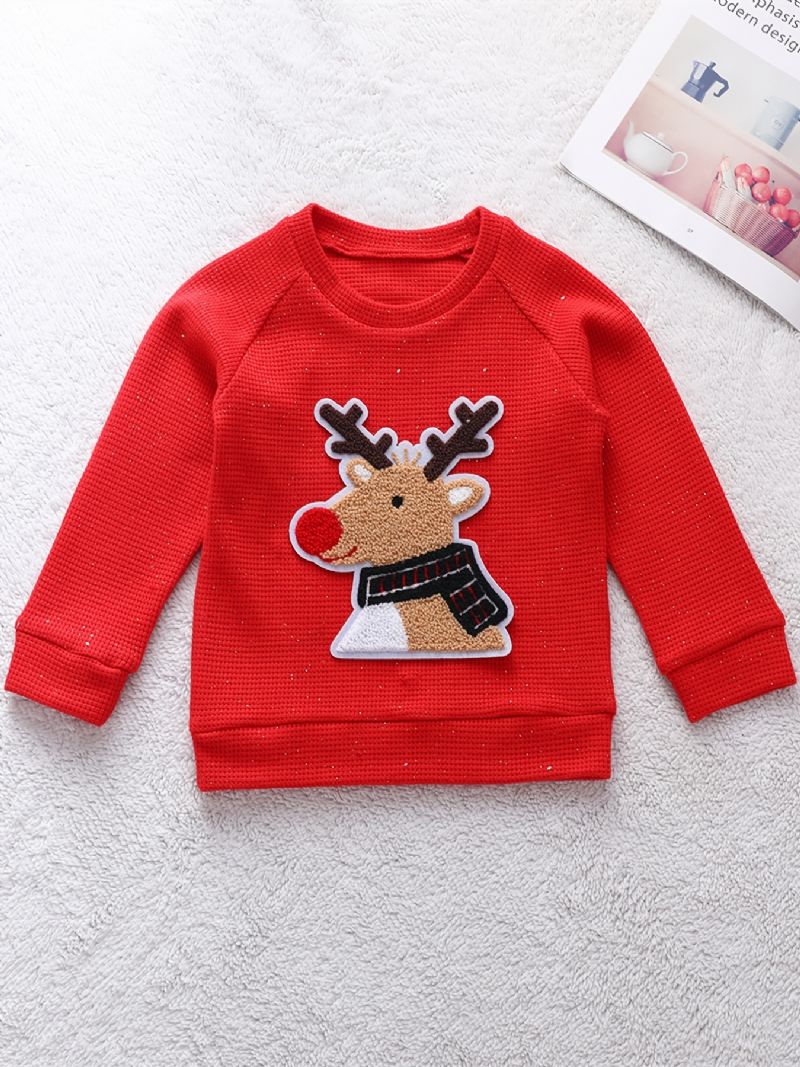 Småbørn Drenge Piger Christmas Elk Broderet Sweater Rund Hals Strikket Pullover