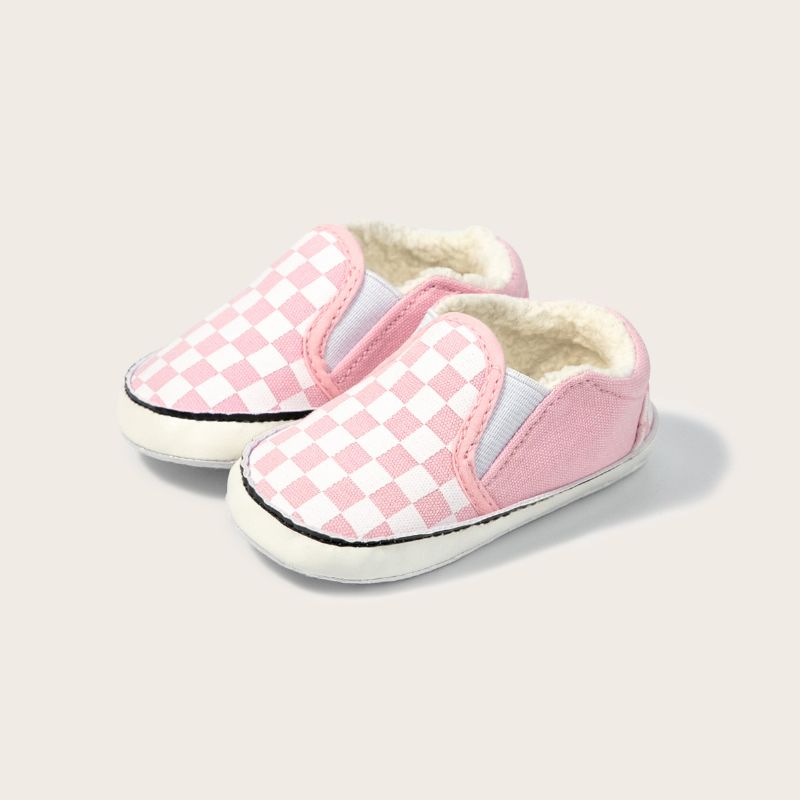 Spædbørn Baby Canvas Sko Skakternet Mønster Blød Sål Slip On Casual Sneakers First Walkers Plys Forede Loafers Vuggesko