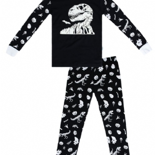 2 Stk Børn Pyjamas Glow-in-the-mørke Dinosaur Print Rund Hals Langærmet Top & Bukser Sæt Til Drenge Piger