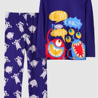 2 Stk Drenge Casual Cartoon Monster Pyjamas Sæt Med Langærmede Toppe Og Bukser Marineblå