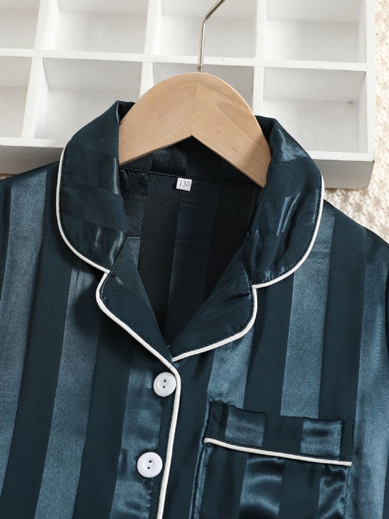 2 Stk Drenge Stribet Mønster Satin Revers Hals Pyjamas Sæt