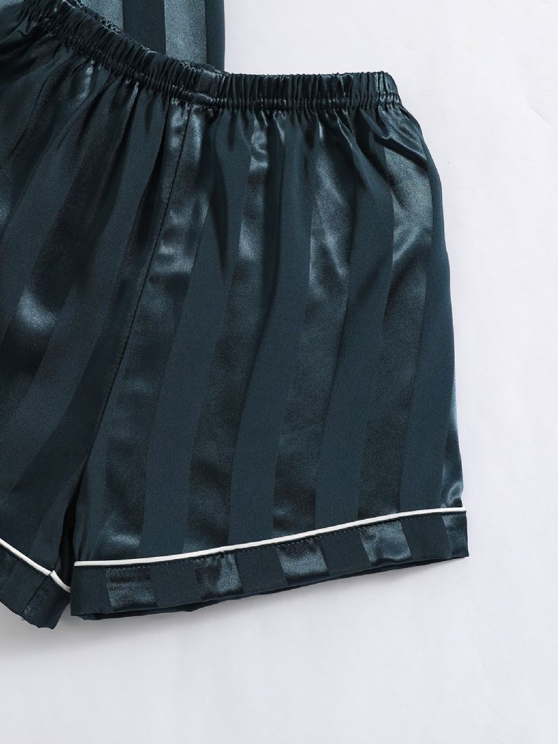 2 Stk Drenge Stribet Mønster Satin Revers Hals Pyjamas Sæt