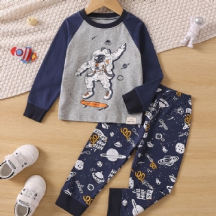 Baby Drenge Pyjamas Familie Outfit Astronaut Print Rundhalset Langærmet Top & Bukser Sæt Børnetøj