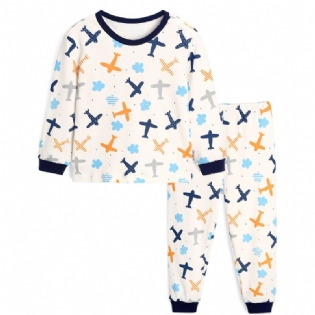 Baby Drenge Tegneserie Flyvemaskine Trykt Pyjamas Sæt Hvid