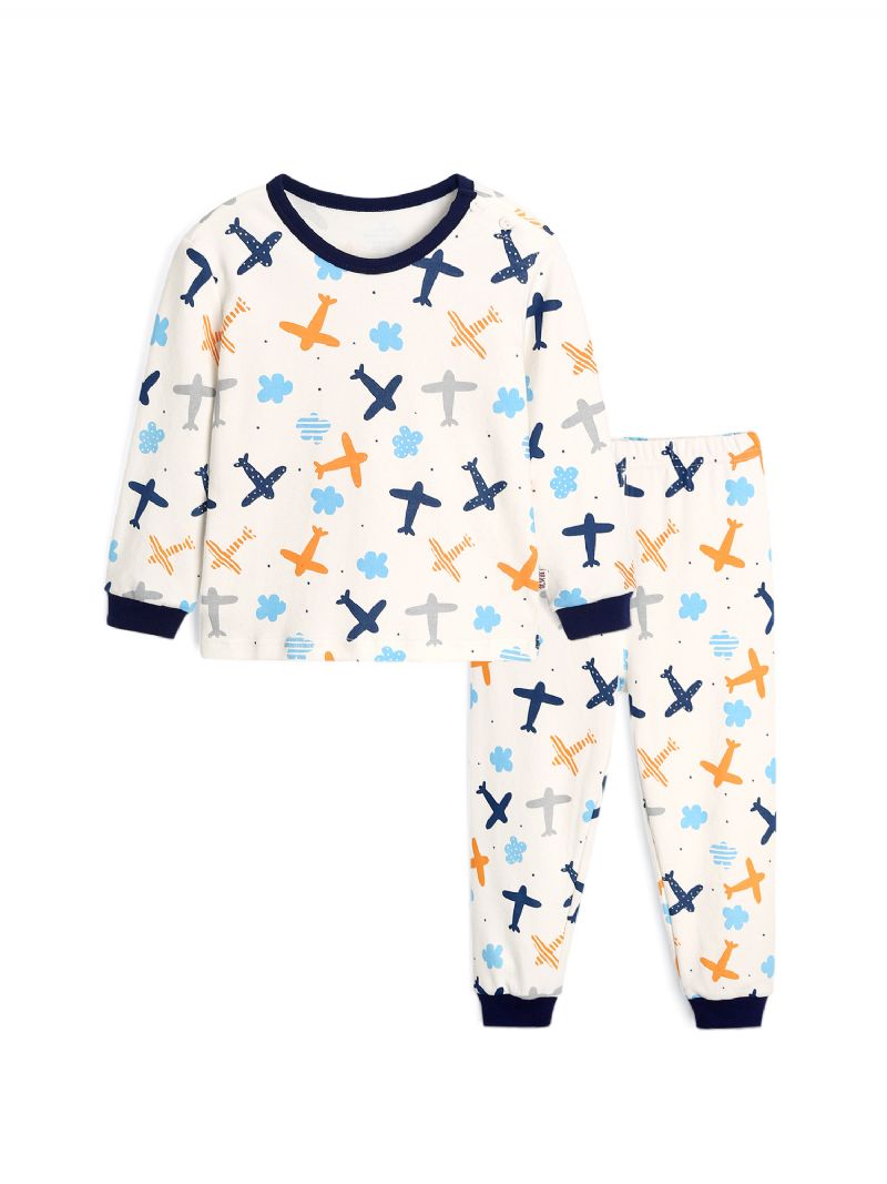 Baby Drenge Tegneserie Flyvemaskine Trykt Pyjamas Sæt Hvid