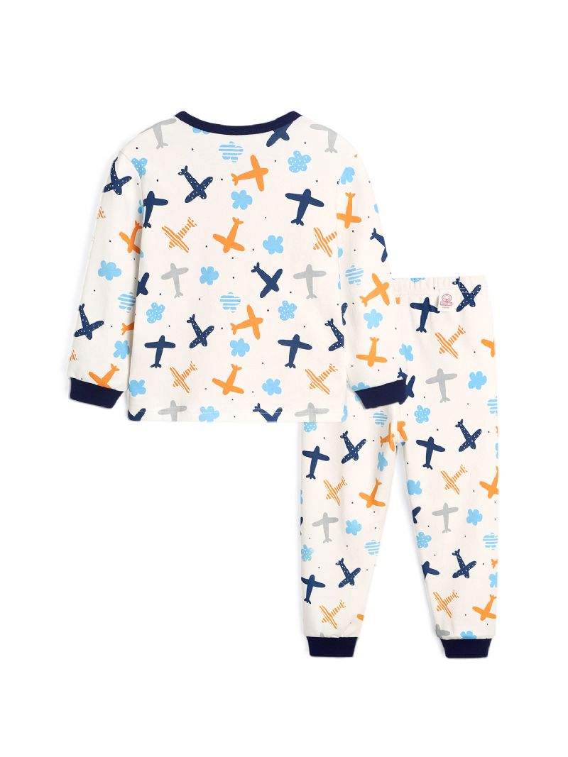 Baby Drenge Tegneserie Flyvemaskine Trykt Pyjamas Sæt Hvid