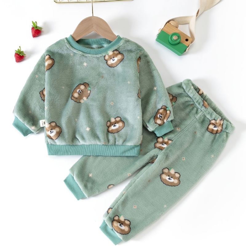 Baby Flannel Pyjamas Sød Tegneserie Bjørneprint Med Rund Hals Langærmet Top & Bukser Sæt Varm Vinter Til Drenge Piger Børnetøj