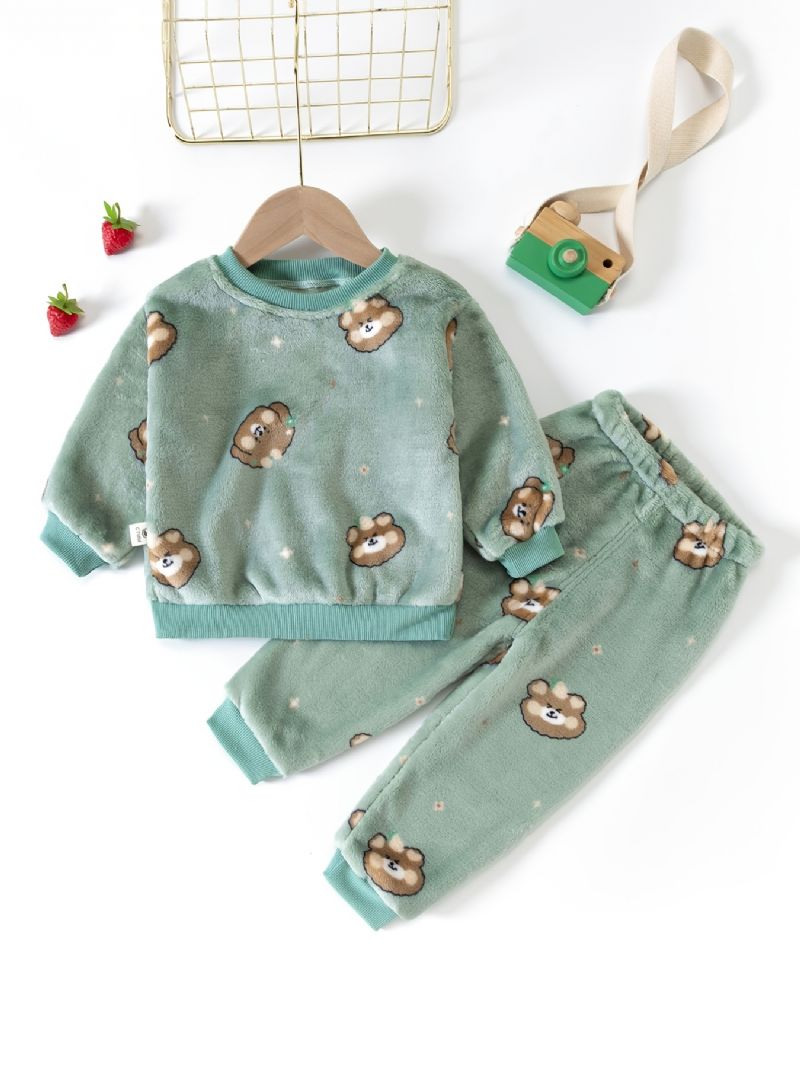 Baby Flannel Pyjamas Sød Tegneserie Bjørneprint Med Rund Hals Langærmet Top & Bukser Sæt Varm Vinter Til Drenge Piger Børnetøj
