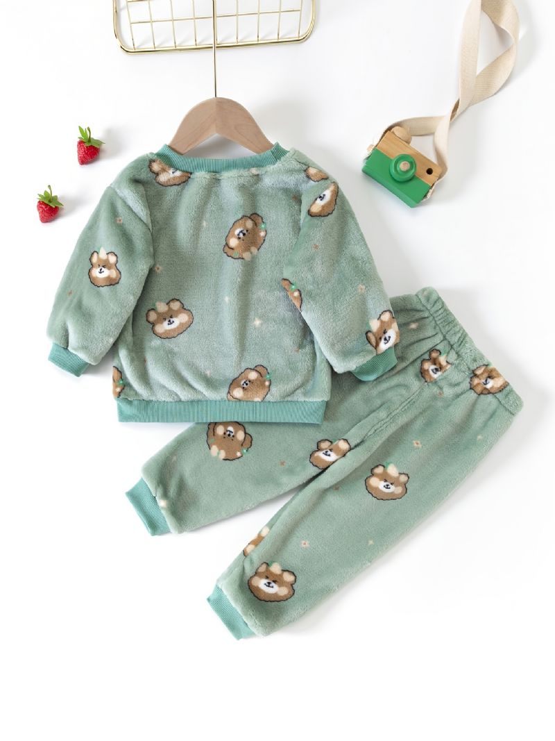 Baby Flannel Pyjamas Sød Tegneserie Bjørneprint Med Rund Hals Langærmet Top & Bukser Sæt Varm Vinter Til Drenge Piger Børnetøj