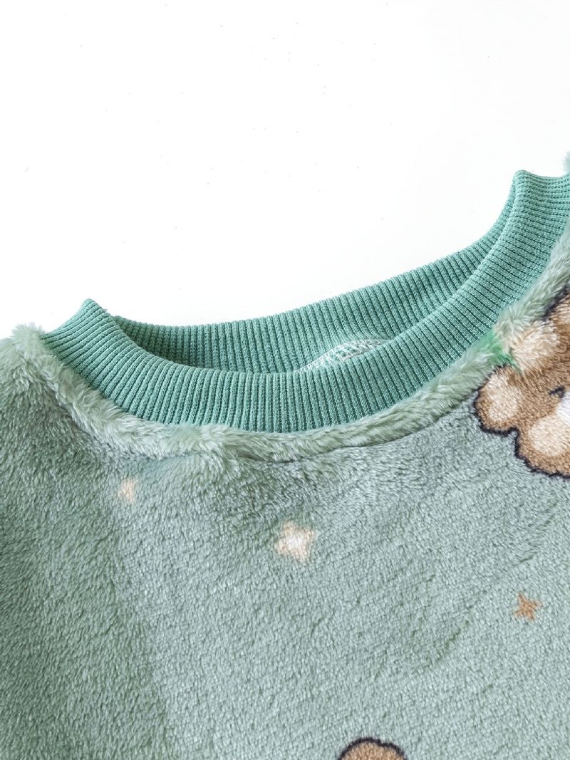 Baby Flannel Pyjamas Sød Tegneserie Bjørneprint Med Rund Hals Langærmet Top & Bukser Sæt Varm Vinter Til Drenge Piger Børnetøj