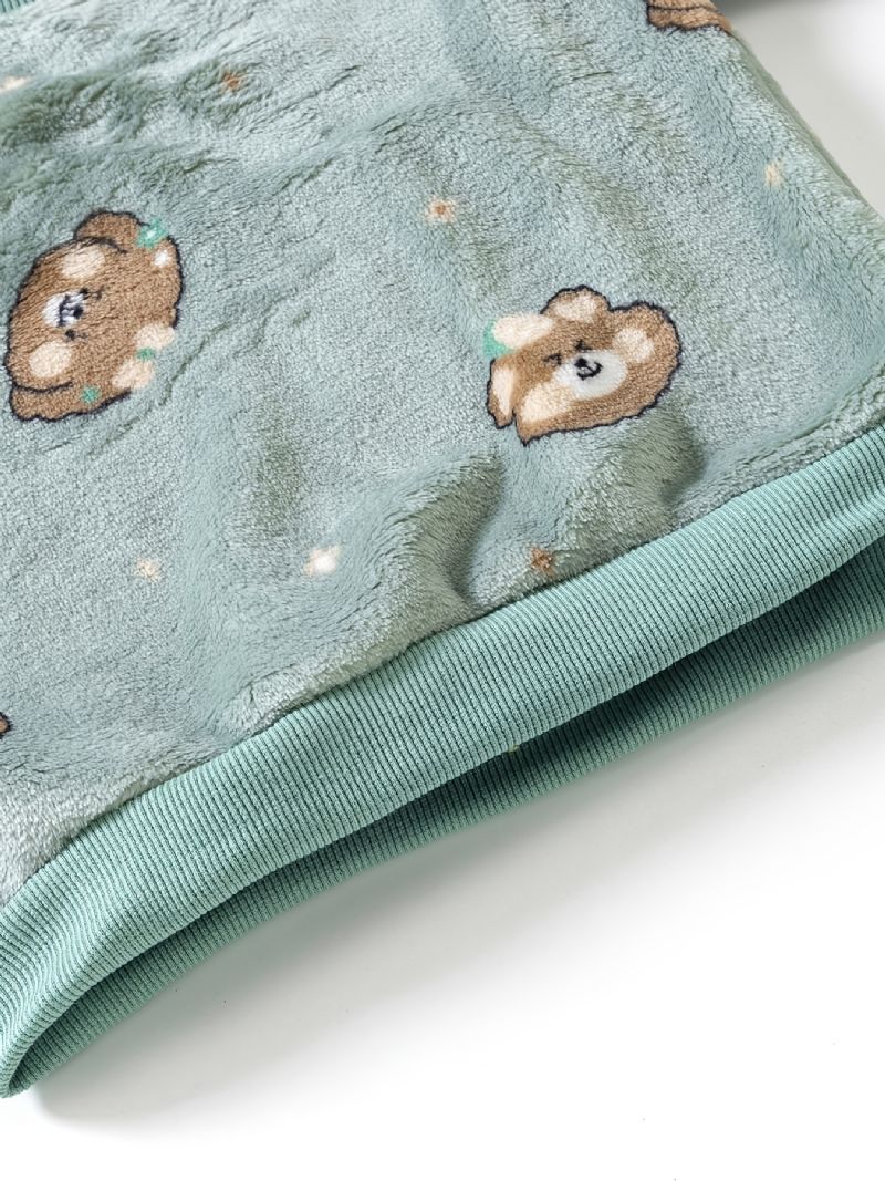 Baby Flannel Pyjamas Sød Tegneserie Bjørneprint Med Rund Hals Langærmet Top & Bukser Sæt Varm Vinter Til Drenge Piger Børnetøj