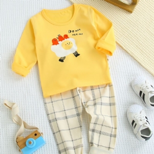 Baby Pyjamas Familie Outfit Tegneserie Æg Print Rund Hals Langærmet Top & Plaid Bukser Sæt Til Drenge Piger Børn Tøj