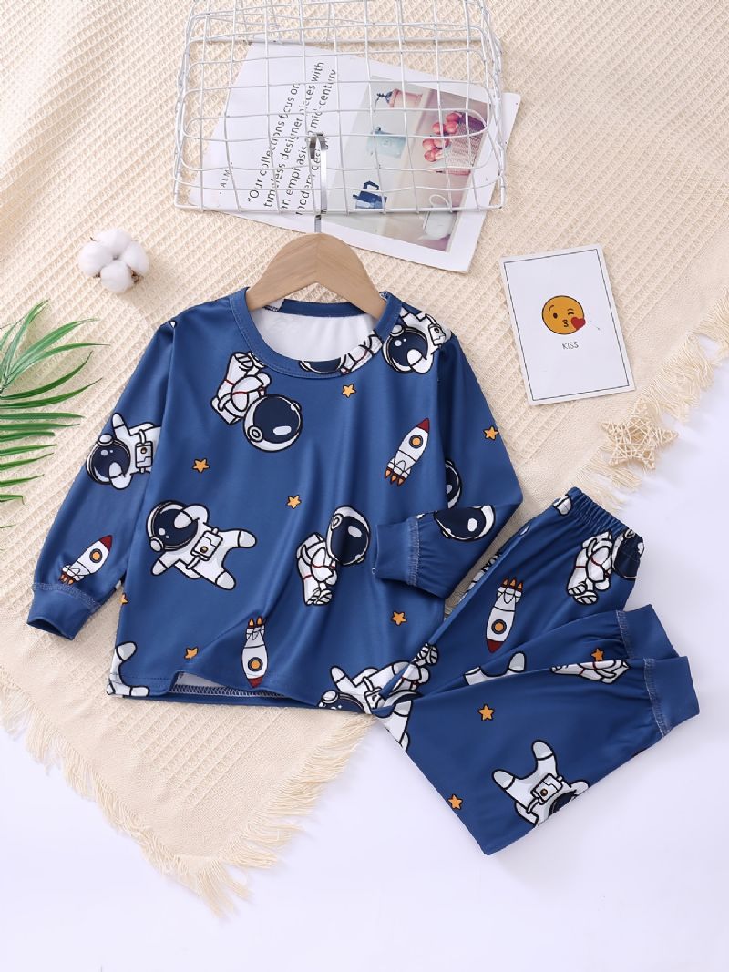Baby Pyjamas Sød Tegneserie Astronaut Print Med Rund Hals Langærmet Top & Bukser Sæt Til Drenge Piger