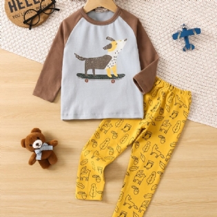 Babypyjamas Familieoutfit Skateboard Hundeprint Med Rund Hals Og Langærmet Top Og Bukser Sæt Til Drenge Piger Børnetøj
