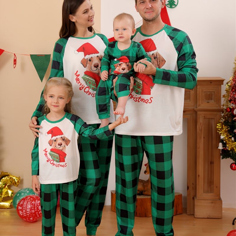 Babys Pyjamas Jul Børn Pet Hund Digital Print Grøn Plaid Jumpsuit