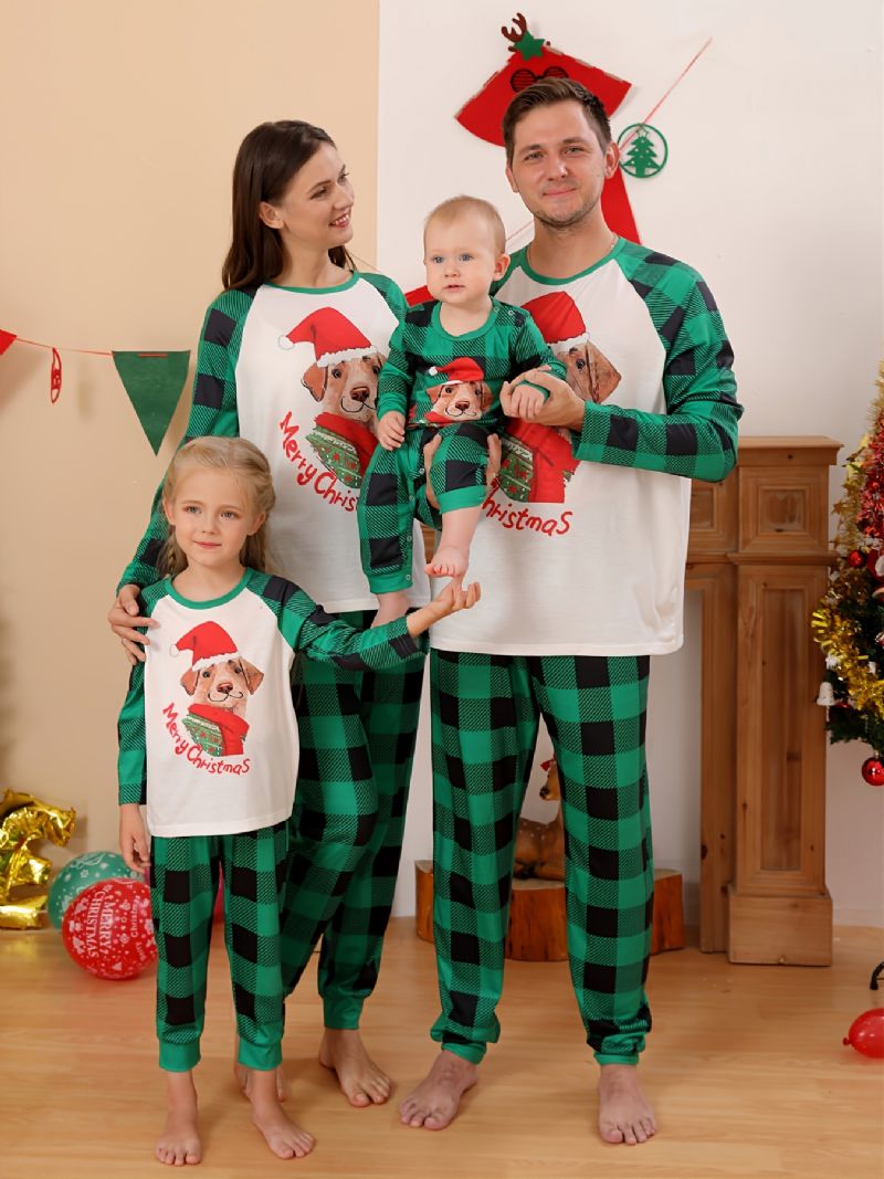 Babys Pyjamas Jul Børn Pet Hund Digital Print Grøn Plaid Jumpsuit