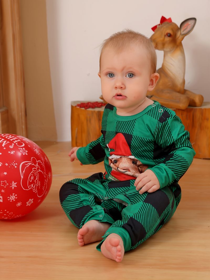 Babys Pyjamas Jul Børn Pet Hund Digital Print Grøn Plaid Jumpsuit