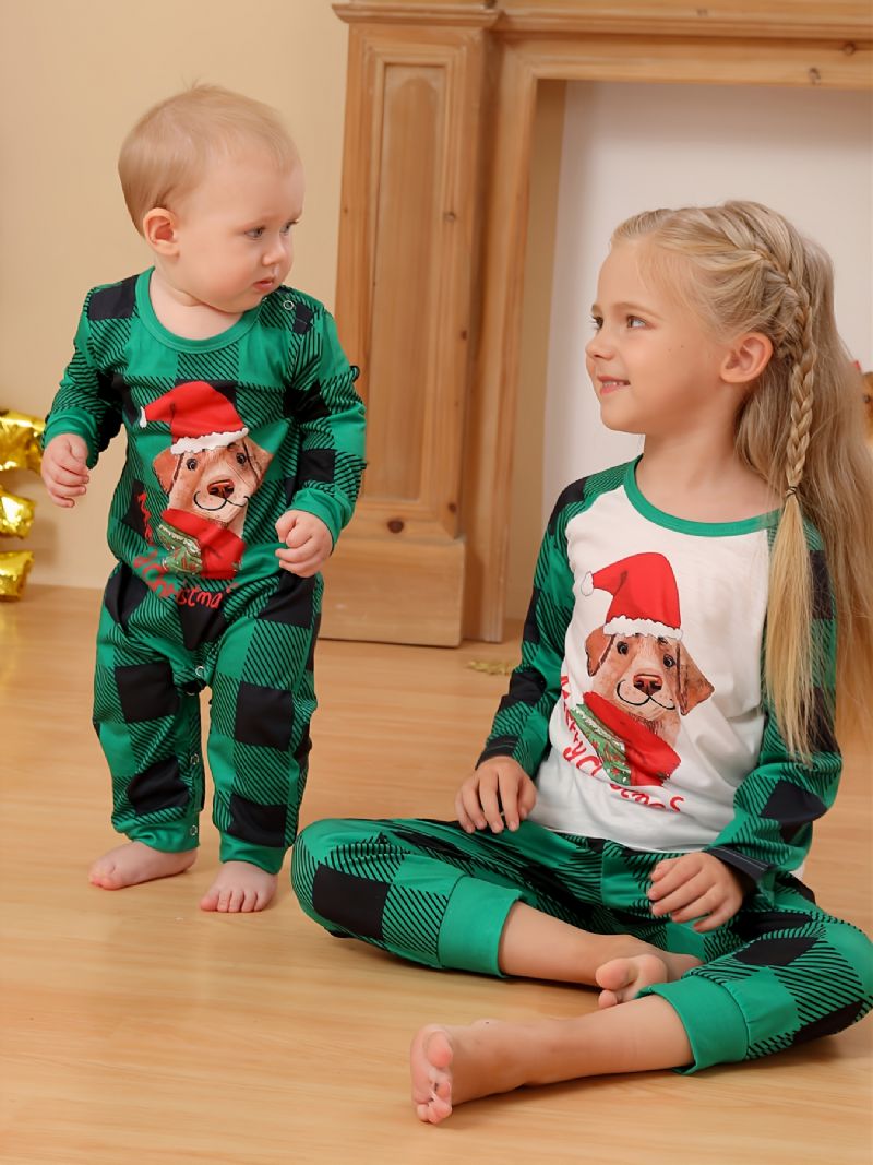 Babys Pyjamas Jul Børn Pet Hund Digital Print Grøn Plaid Jumpsuit