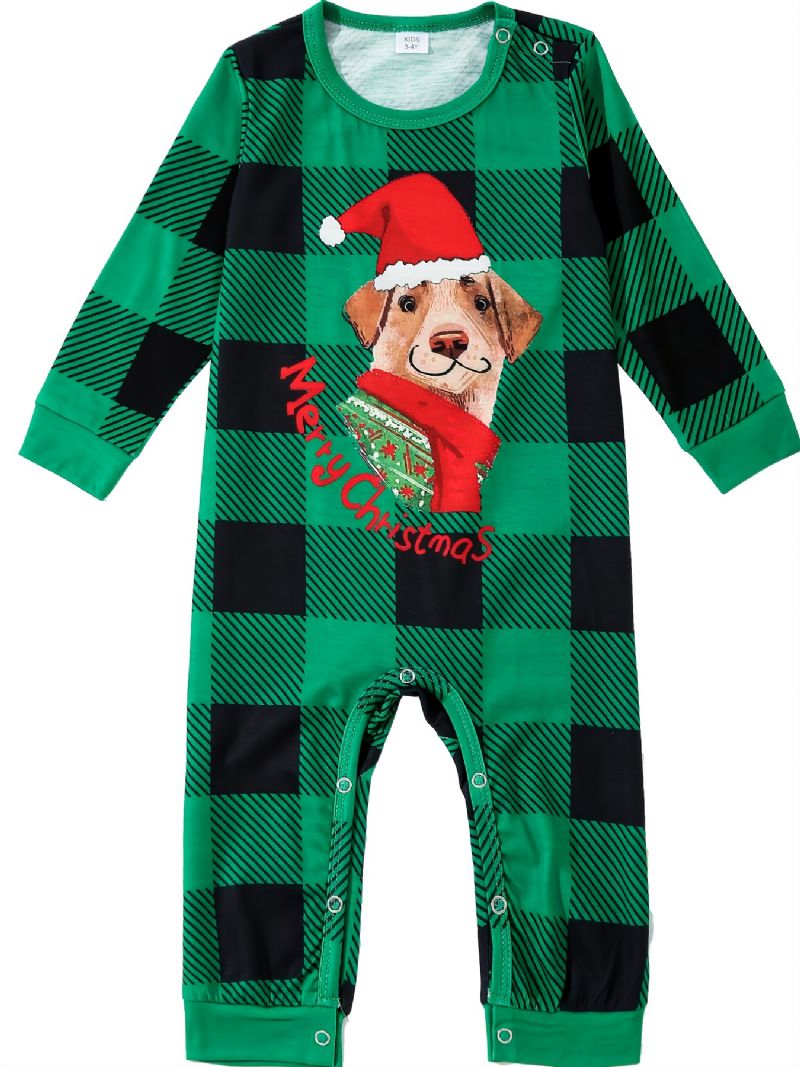 Babys Pyjamas Jul Børn Pet Hund Digital Print Grøn Plaid Jumpsuit