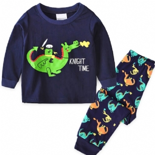 Børn Drenge Pyjamas Tegneserie Dinosaur Print Rund Hals Langærmet Top & Bukser Sæt