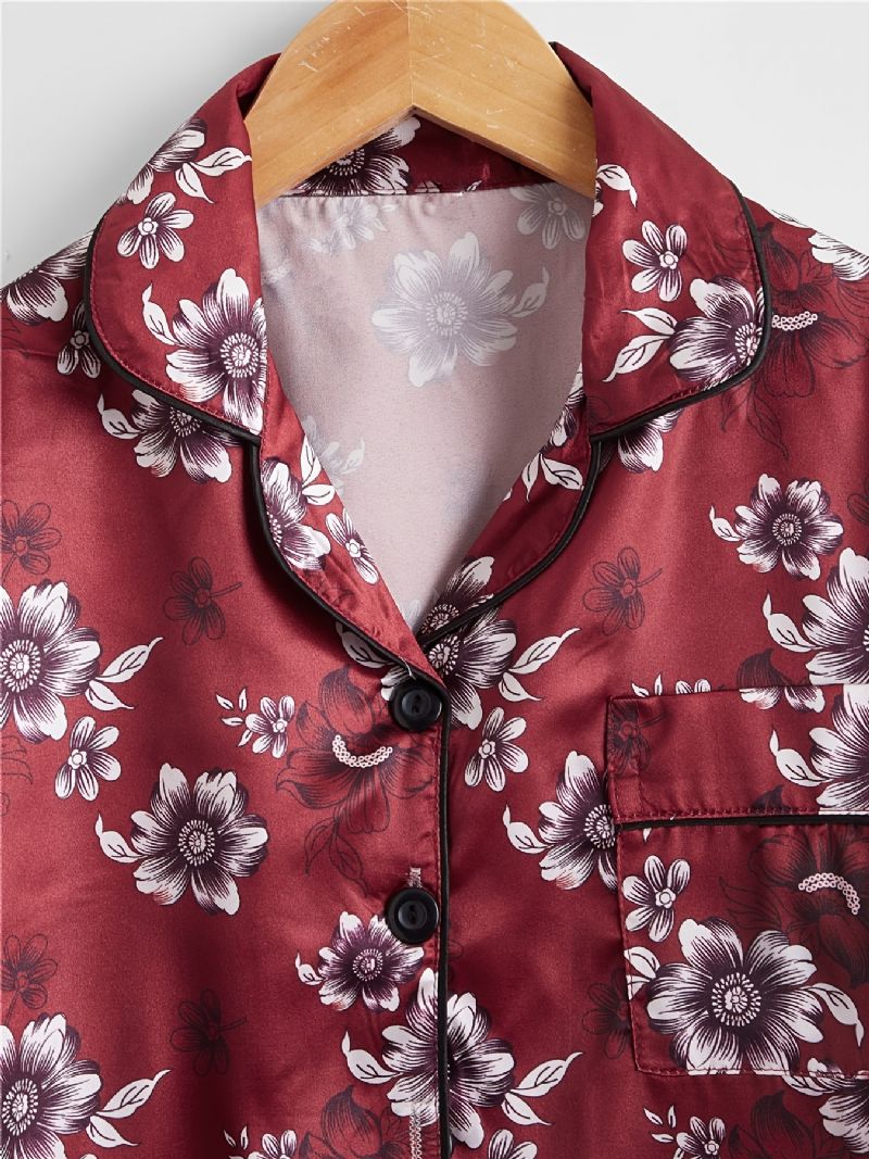 Børn Piger Drenge Blomstermønster Satin Lounge Wear Hjemmetøj Kortærmede Top & Matchende Buksesæt Børnetøj Pyjamassæt