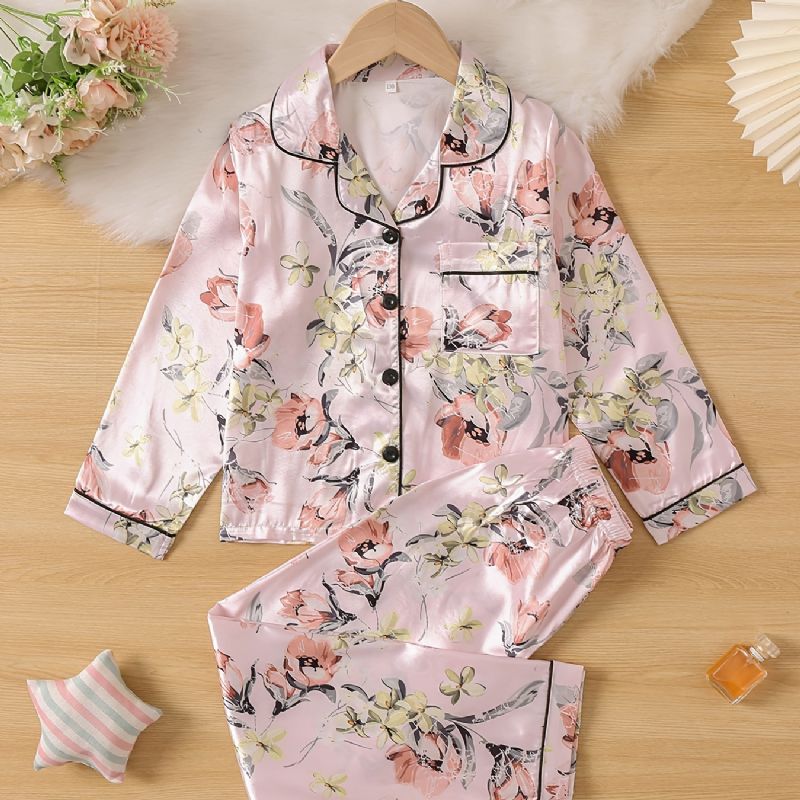 Børn Piger Drenge Blomstermønster Satin Lounge Wear Hjemmetøj Langærmede Top & Matchende Buksesæt Børnetøj Pyjamassæt