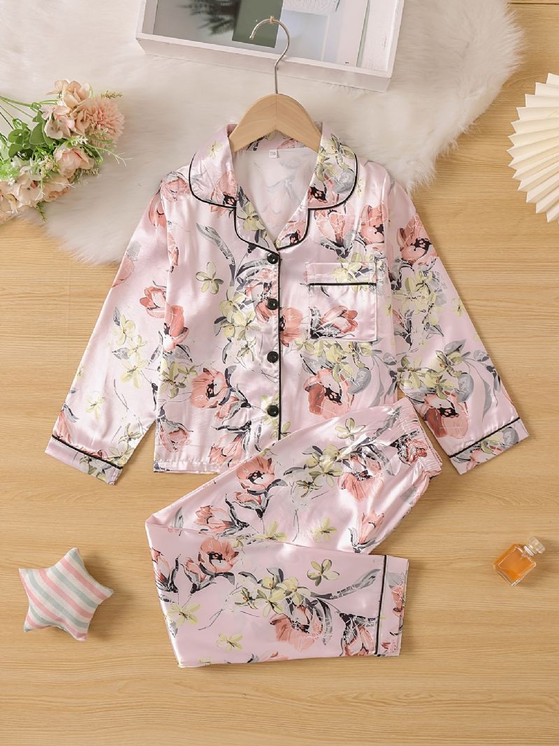 Børn Piger Drenge Blomstermønster Satin Lounge Wear Hjemmetøj Langærmede Top & Matchende Buksesæt Børnetøj Pyjamassæt