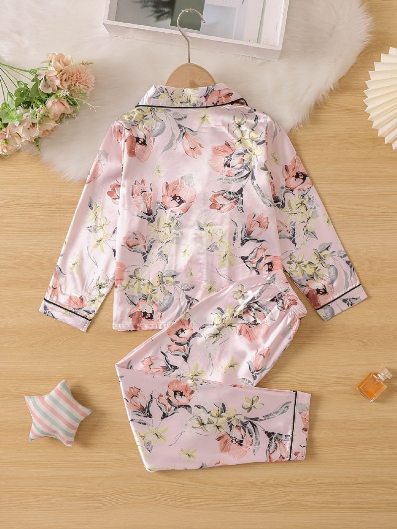 Børn Piger Drenge Blomstermønster Satin Lounge Wear Hjemmetøj Langærmede Top & Matchende Buksesæt Børnetøj Pyjamassæt