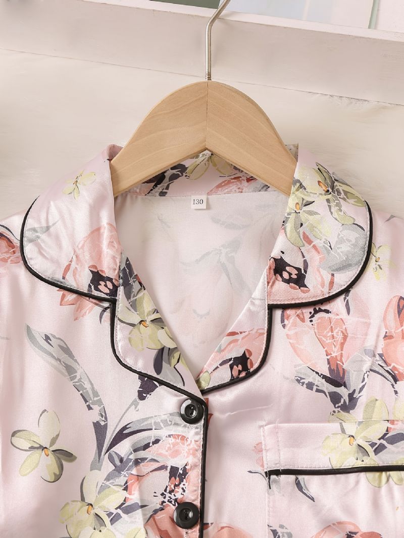 Børn Piger Drenge Blomstermønster Satin Lounge Wear Hjemmetøj Langærmede Top & Matchende Buksesæt Børnetøj Pyjamassæt