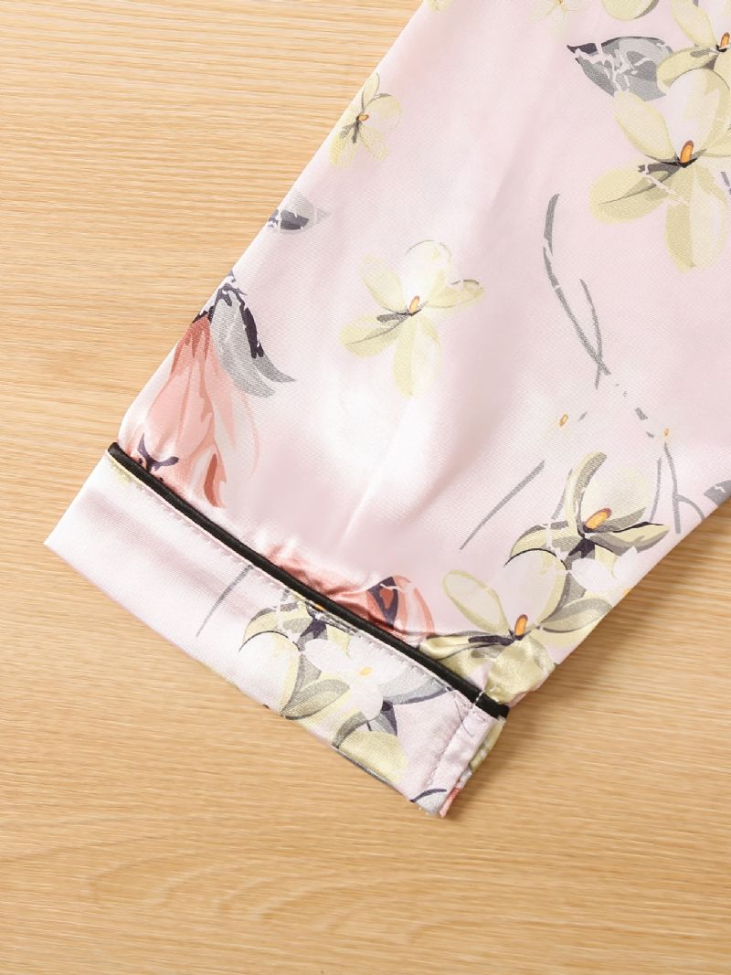 Børn Piger Drenge Blomstermønster Satin Lounge Wear Hjemmetøj Langærmede Top & Matchende Buksesæt Børnetøj Pyjamassæt