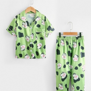 Børn Piger Drenge Komønster Satin Lounge Wear Hjemmetøj Kortærmede Top & Matchende Buksesæt Børnetøj Pyjamassæt